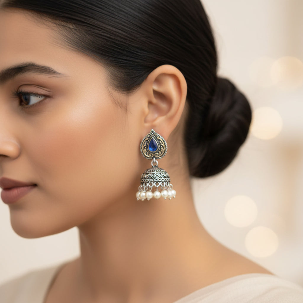 Traditional jharokha stone studded chain neckpiece set (Blue)