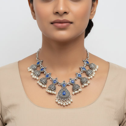 Traditional jharokha stone studded chain neckpiece set (Blue)