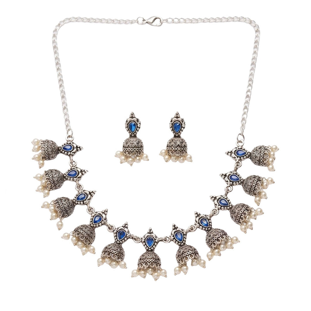 Traditional jharokha stone studded chain neckpiece set (Blue)