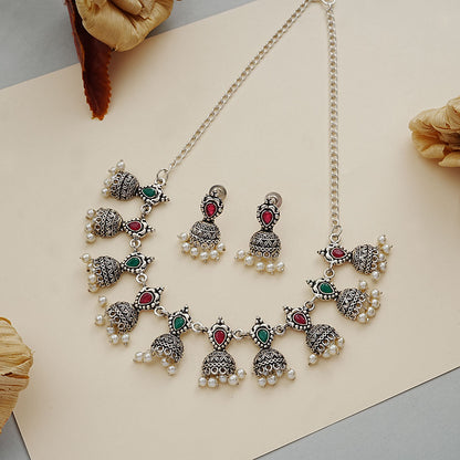 Traditional jharokha stone studded chain neckpiece set (Multicolored)