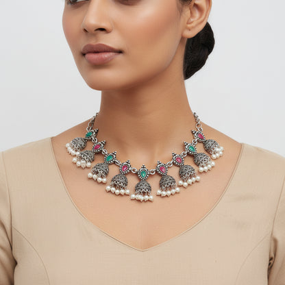 Traditional jharokha stone studded chain neckpiece set (Multicolored)