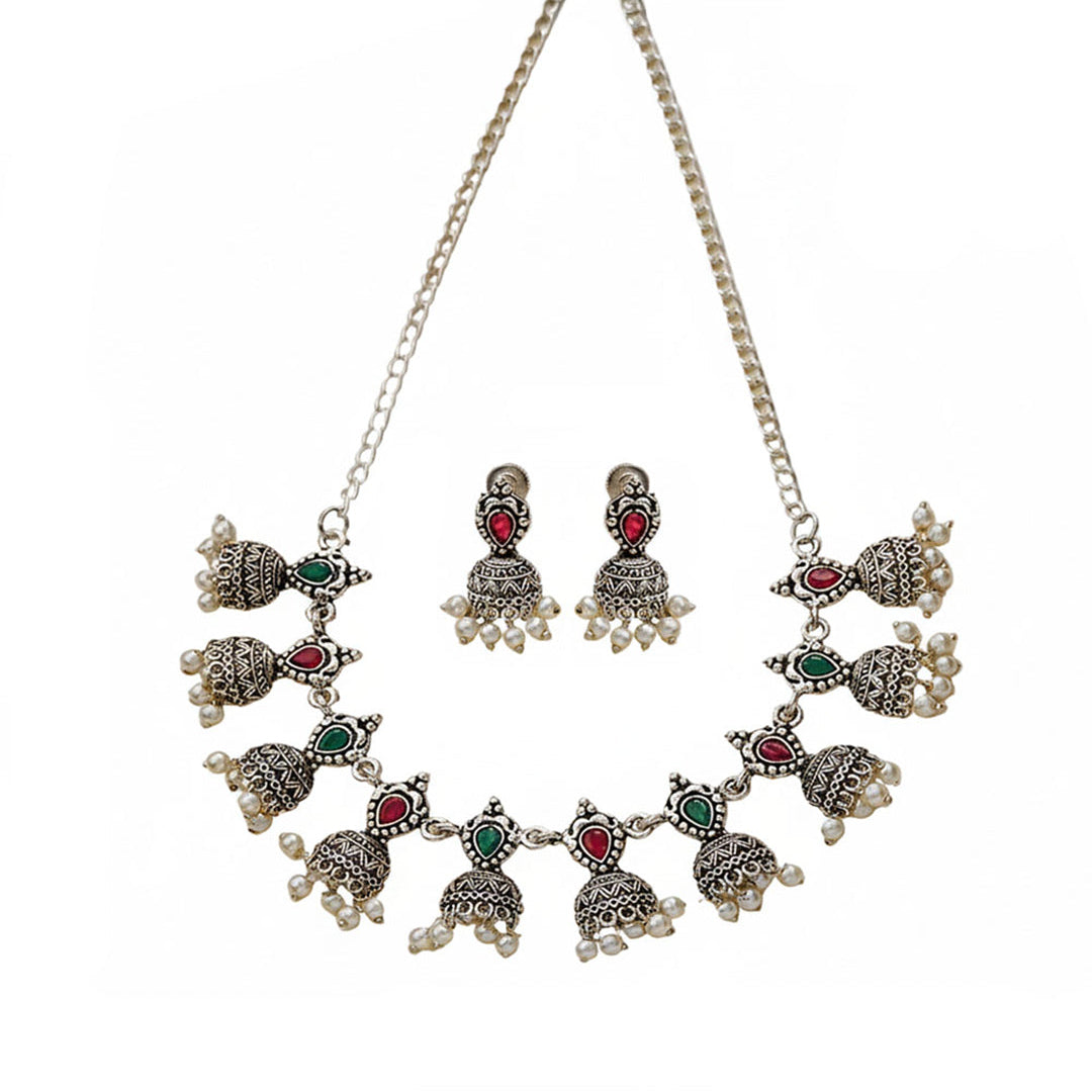 Traditional jharokha stone studded chain neckpiece set (Multicolored)