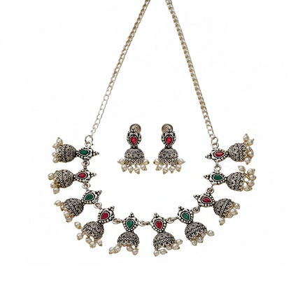 Traditional jharokha stone studded chain neckpiece set (Multicolored)