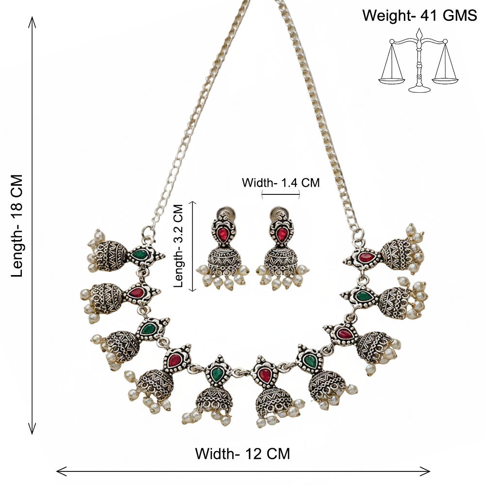 Traditional jharokha stone studded chain neckpiece set (Multicolored)