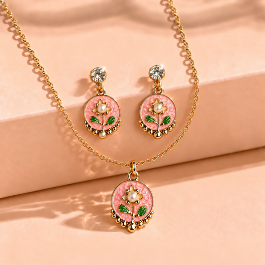 Korean Pink Floral Jewellery Set