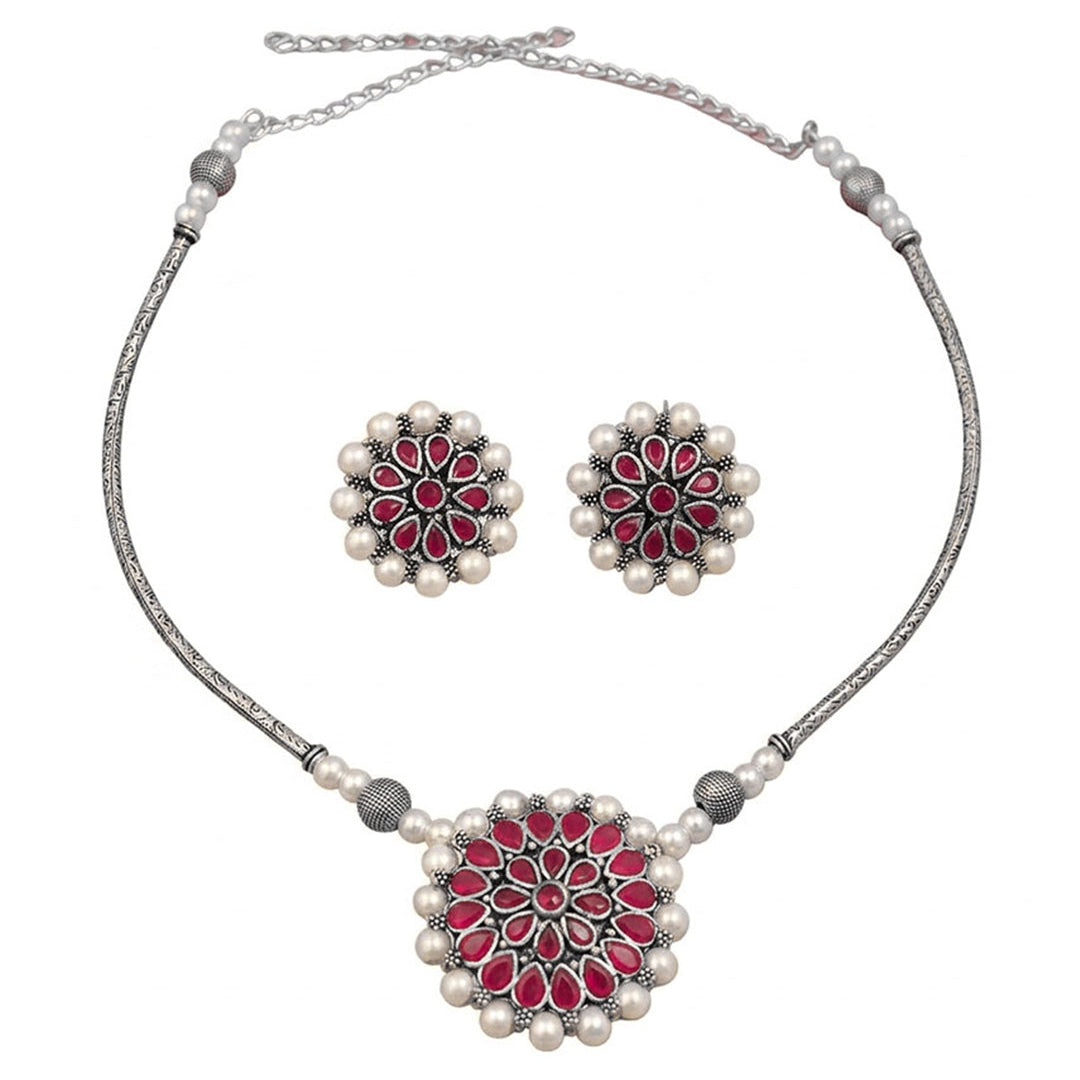 Crystal bloom oxidised chain neckpiece (Red)