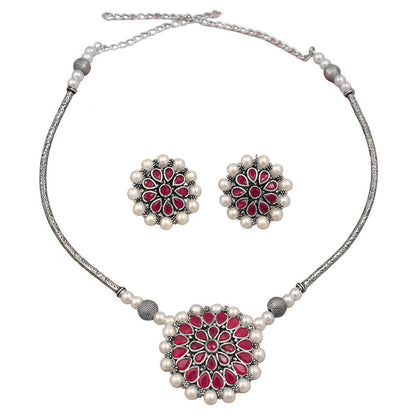Crystal bloom oxidised chain neckpiece (Red)