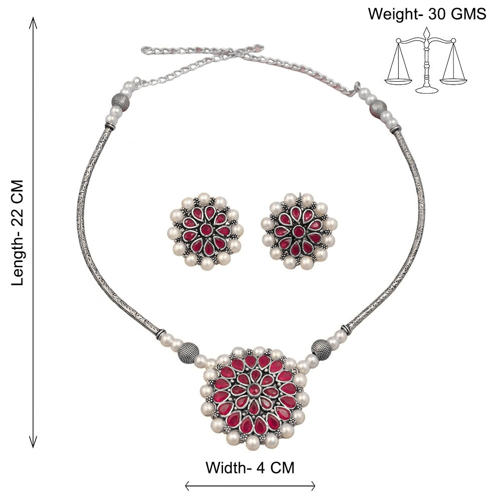 Crystal bloom oxidised chain neckpiece (Red)