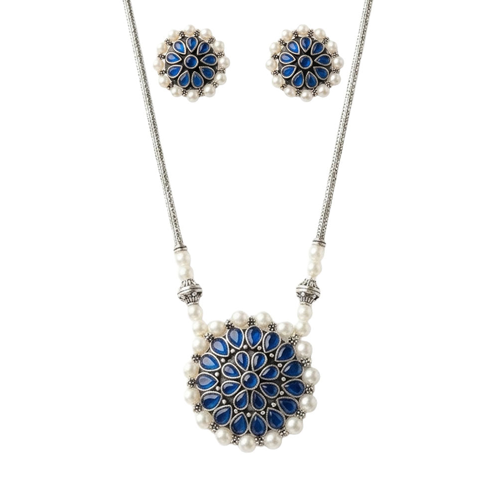 Crystal bloom oxidised chain neckpiece (Blue)