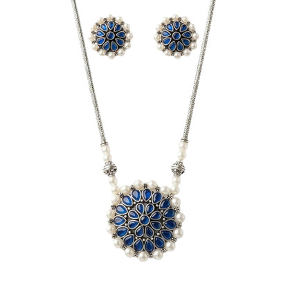Crystal bloom oxidised chain neckpiece (Blue)