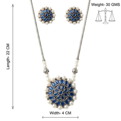 Crystal bloom oxidised chain neckpiece (Blue)