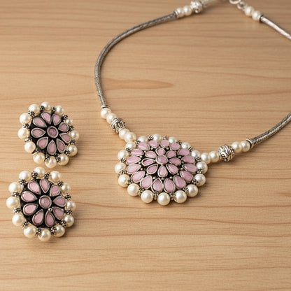 Crystal bloom oxidised chain neckpiece (Baby Pink)