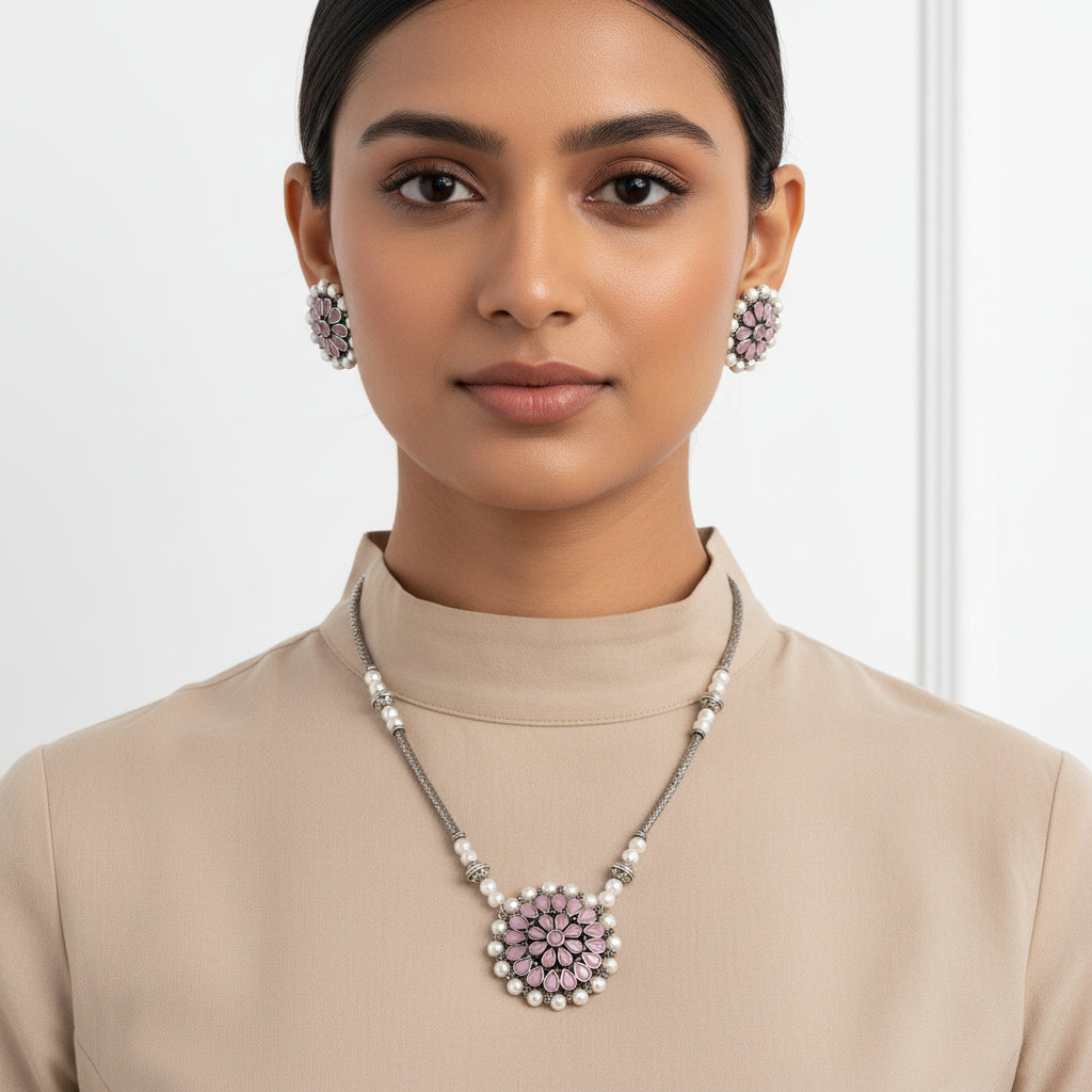 Crystal bloom oxidised chain neckpiece (Baby Pink)