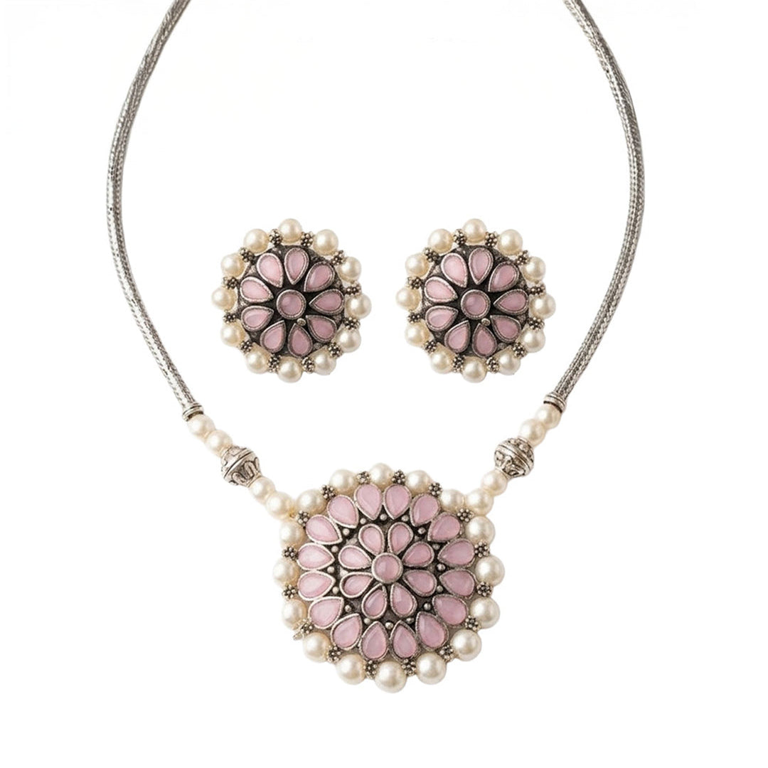 Crystal bloom oxidised chain neckpiece (Baby Pink)