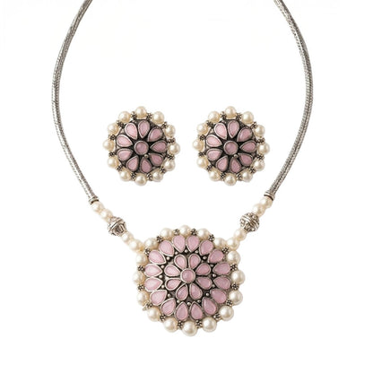 Crystal bloom oxidised chain neckpiece (Baby Pink)