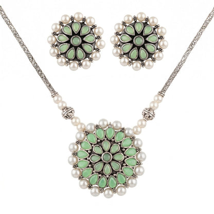 Crystal bloom oxidised chain neckpiece (Pista)