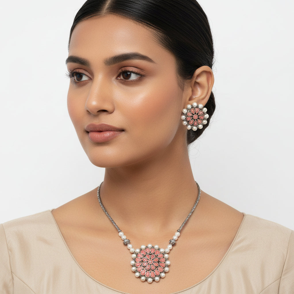 Crystal bloom oxidised chain neckpiece (Light Orange)