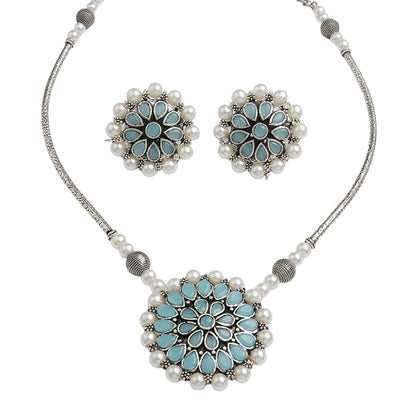 Crystal bloom oxidised chain neckpiece set (Mint)