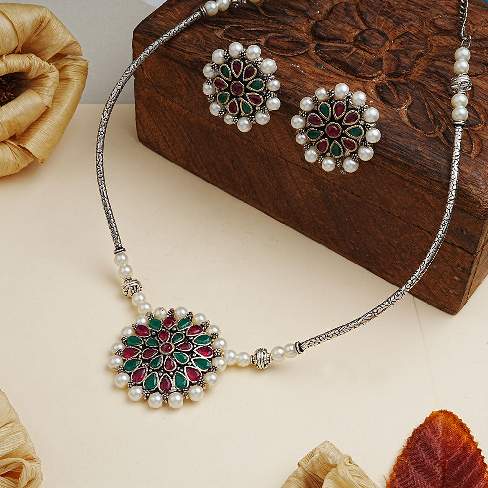 Crystal bloom oxidised chain neckpiece (MULTICOLOR)
