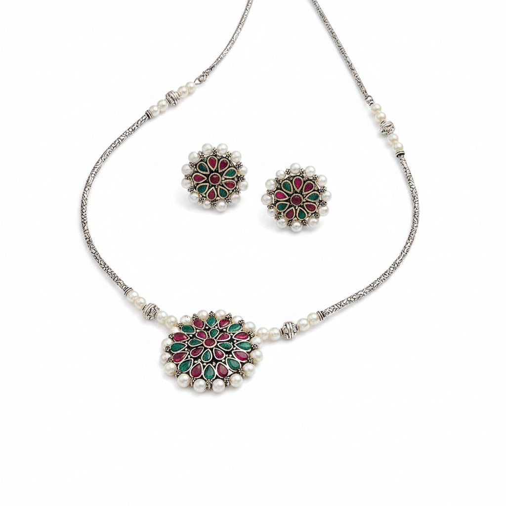 Crystal bloom oxidised chain neckpiece (MULTICOLOR)