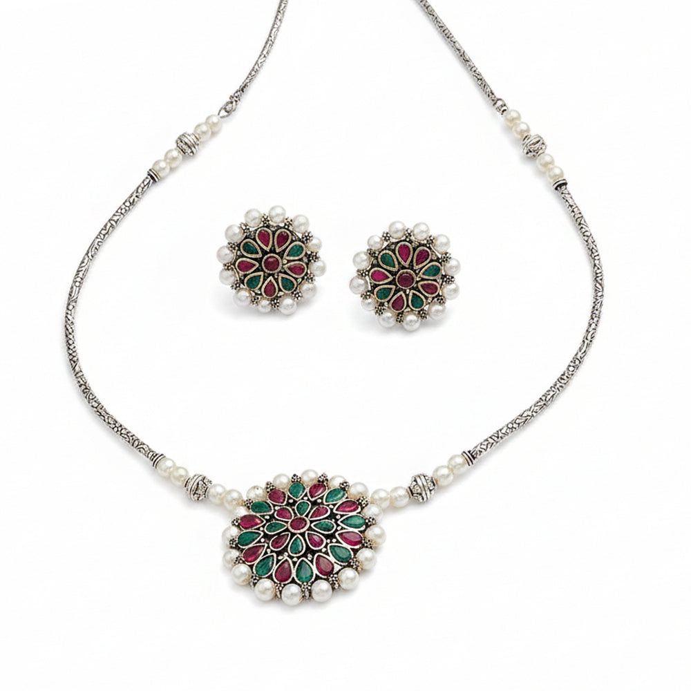 Crystal bloom oxidised chain neckpiece (MULTICOLOR)