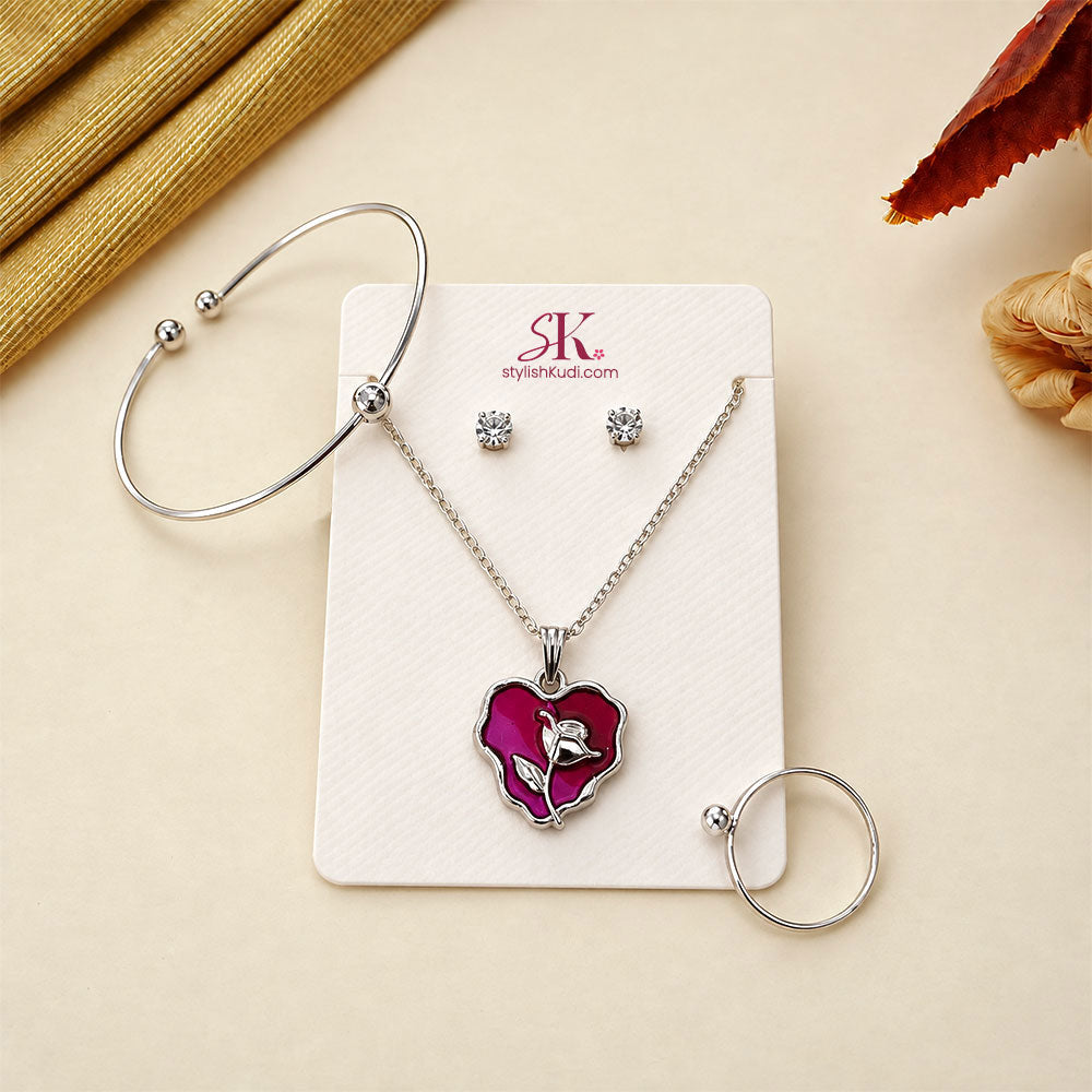 Pink Heart Crystal Pendant Set