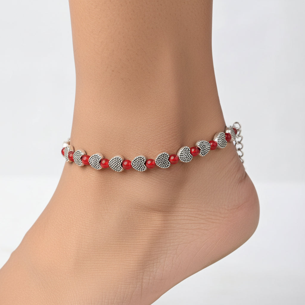 Heart oxidised bead anklet (Red)