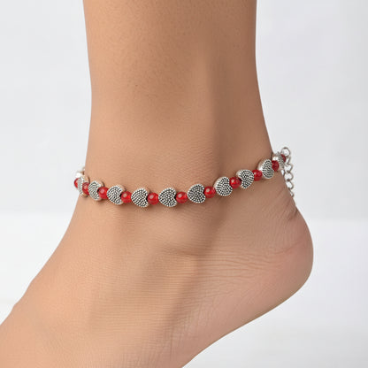 Heart oxidised bead anklet (Red)
