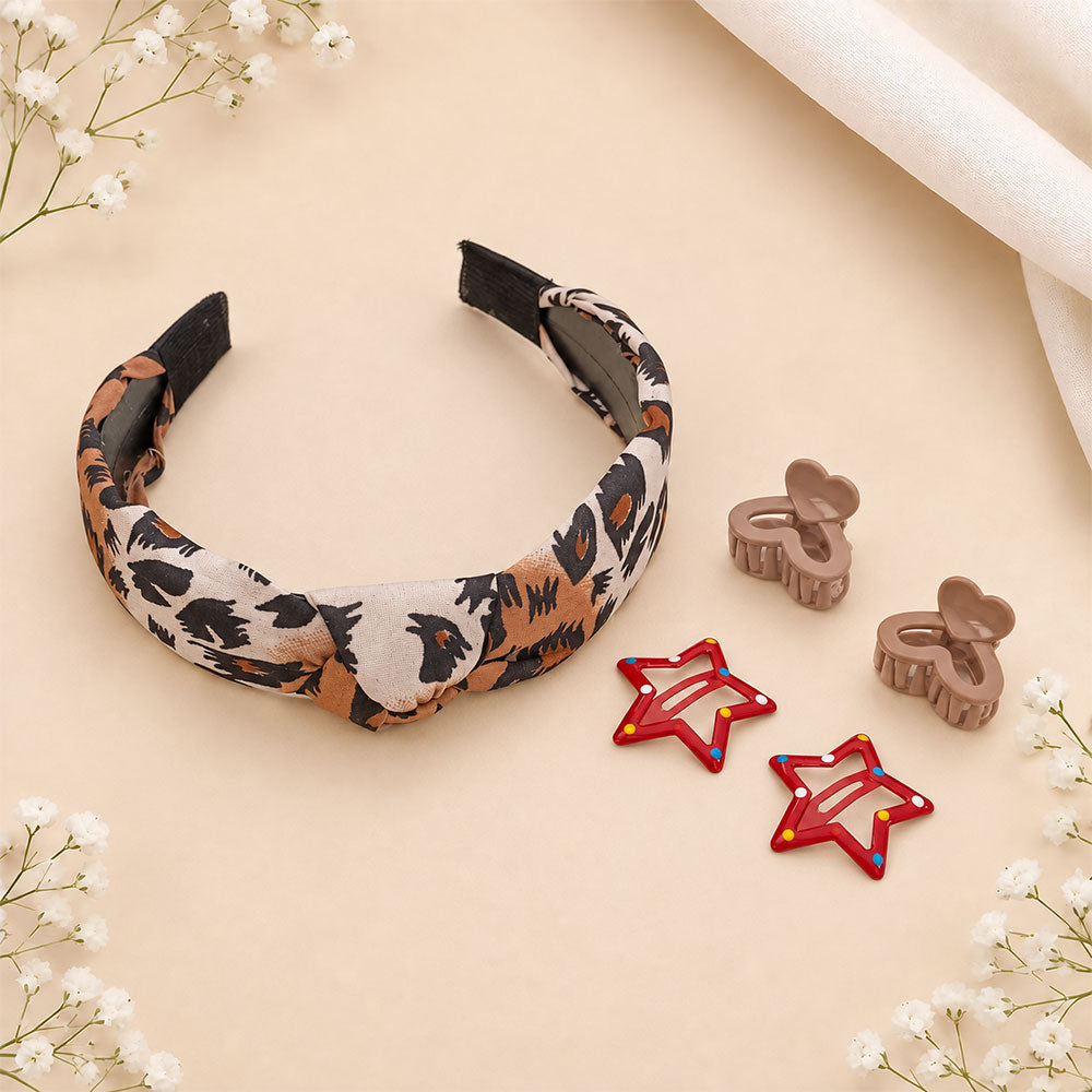 Printed Headband, Mini Claw & Star Hair Clip Set (Pack of 4)