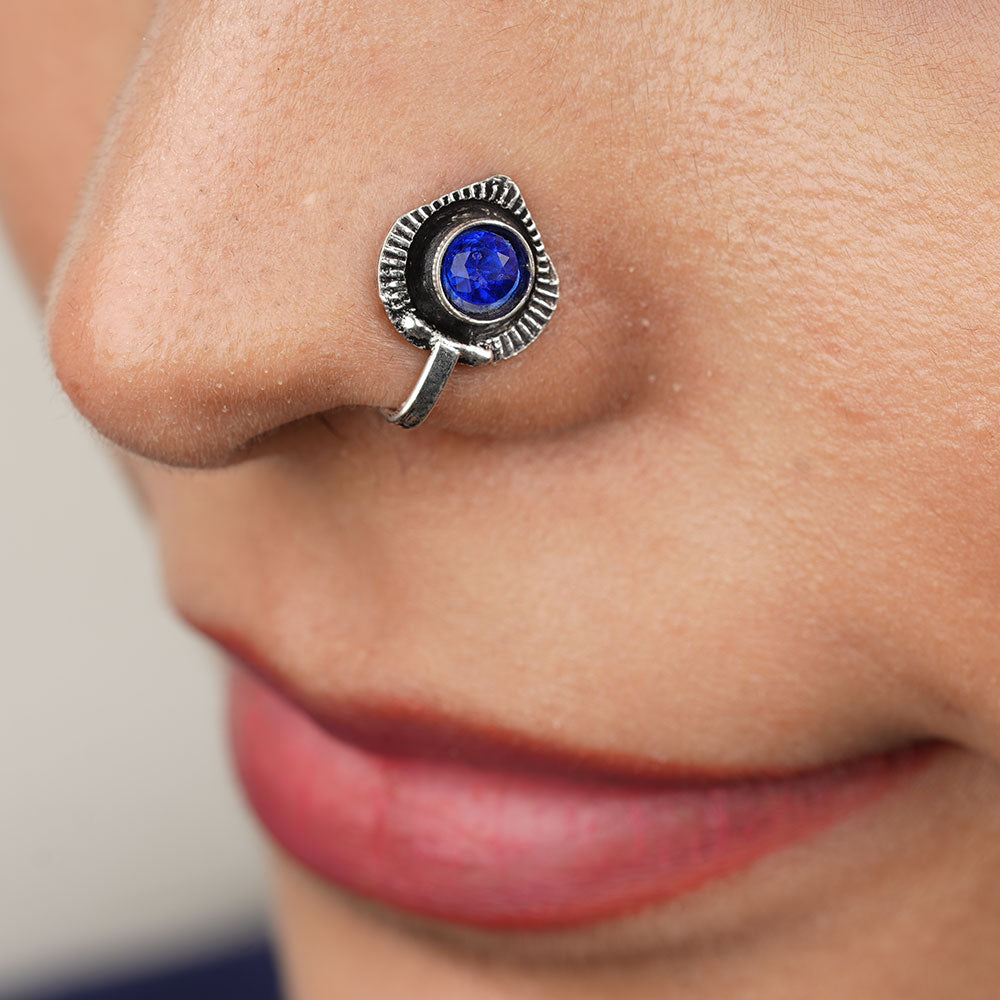 StylishKudi Women & Girls Oxidized Silver Tone Nose Pin And Nose Ring Combo Set