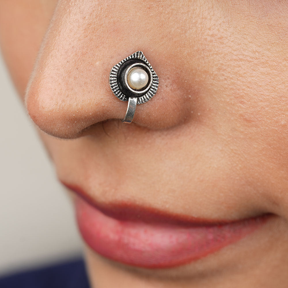StylishKudi Women & Girls Oxidized Silver Tone Nose Pin And Nose Ring Combo Set