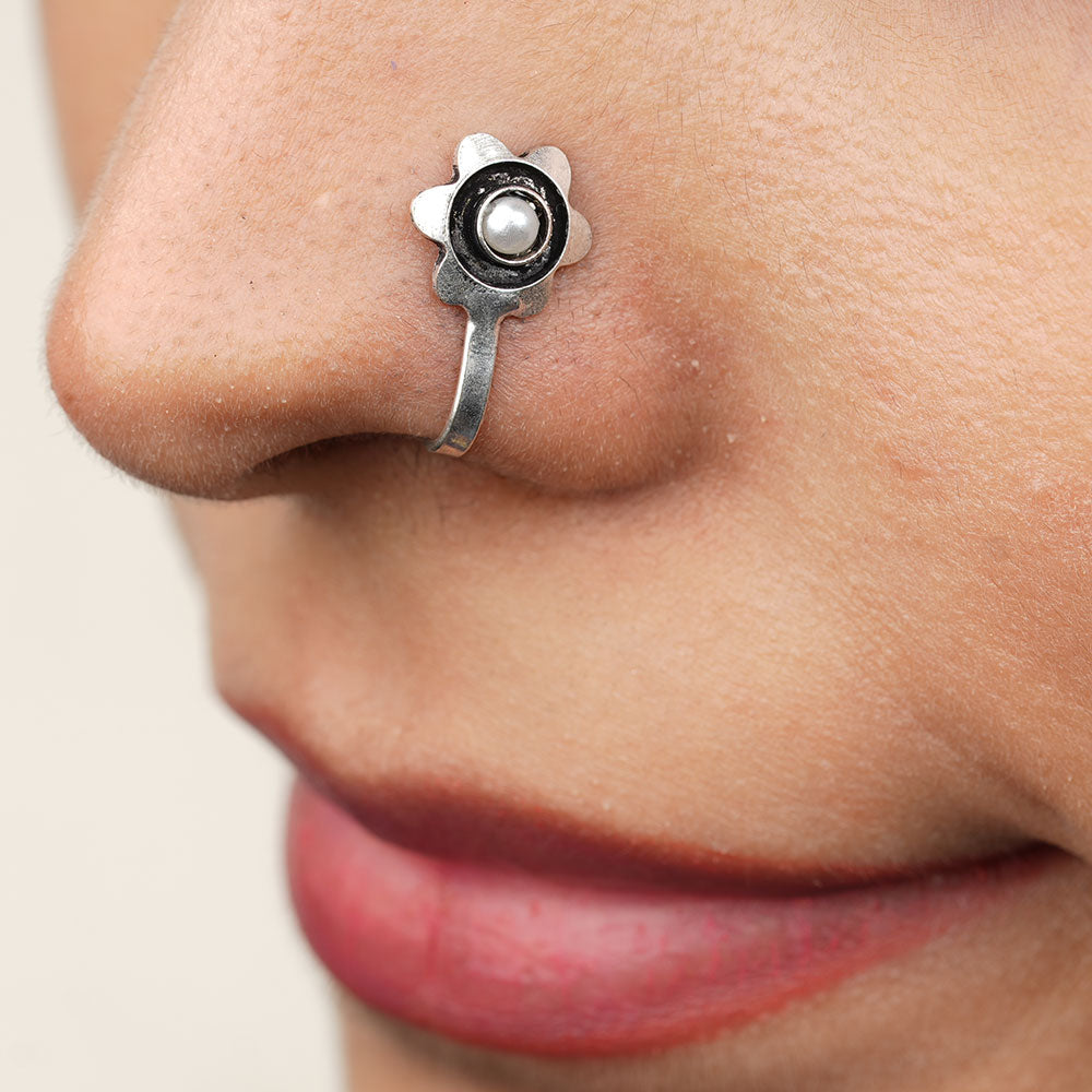 StylishKudi Women & Girls Oxidized Silver Tone Nose Pin And Nose Ring Combo Set