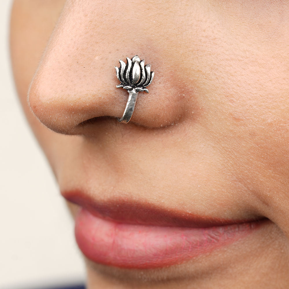 StylishKudi Women & Girls Oxidized Silver Tone Nose Pin And Nose Ring Combo Set