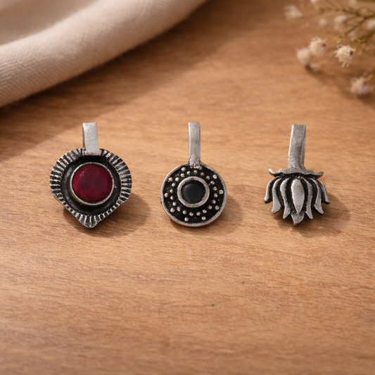 StylishKudi Women & Girls Oxidized Silver Tone Nose Pin And Nose Ring Combo Set