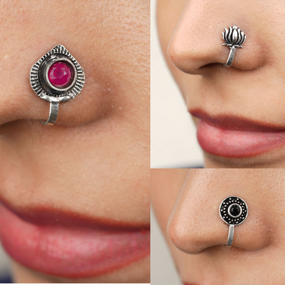 StylishKudi Women & Girls Oxidized Silver Tone Nose Pin And Nose Ring Combo Set