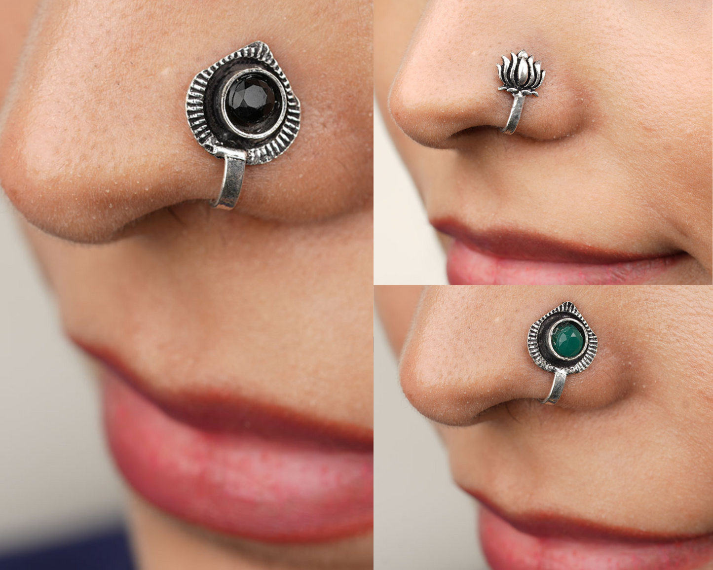 StylishKudi Women & Girls Oxidized Silver Tone Nose Pin And Nose Ring Combo Set