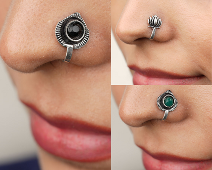 StylishKudi Women & Girls Oxidized Silver Tone Nose Pin And Nose Ring Combo Set