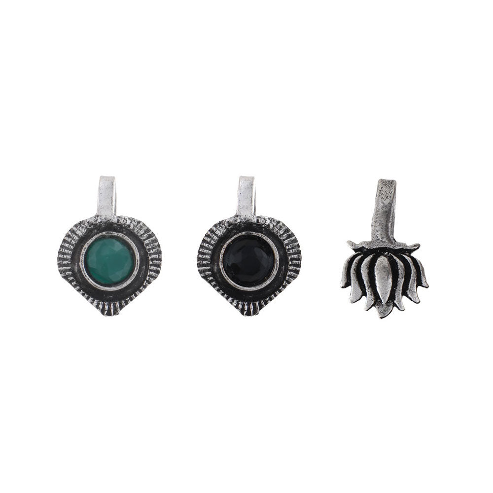 StylishKudi Women & Girls Oxidized Silver Tone Nose Pin And Nose Ring Combo Set