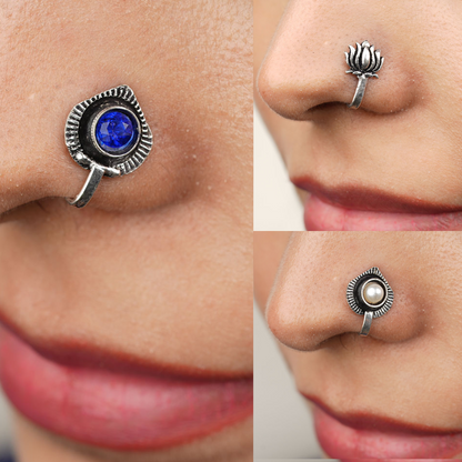 StylishKudi Women & Girls Oxidized Silver Tone Nose Pin And Nose Ring Combo Set