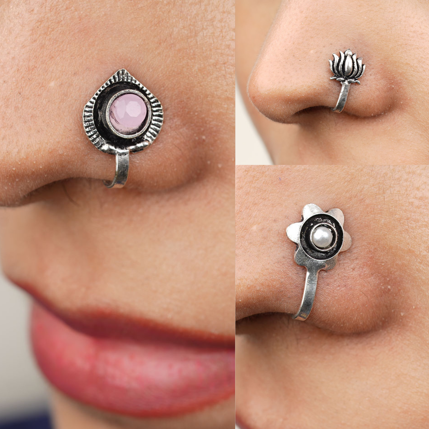 StylishKudi Women & Girls Oxidized Silver Tone Nose Pin And Nose Ring Combo Set
