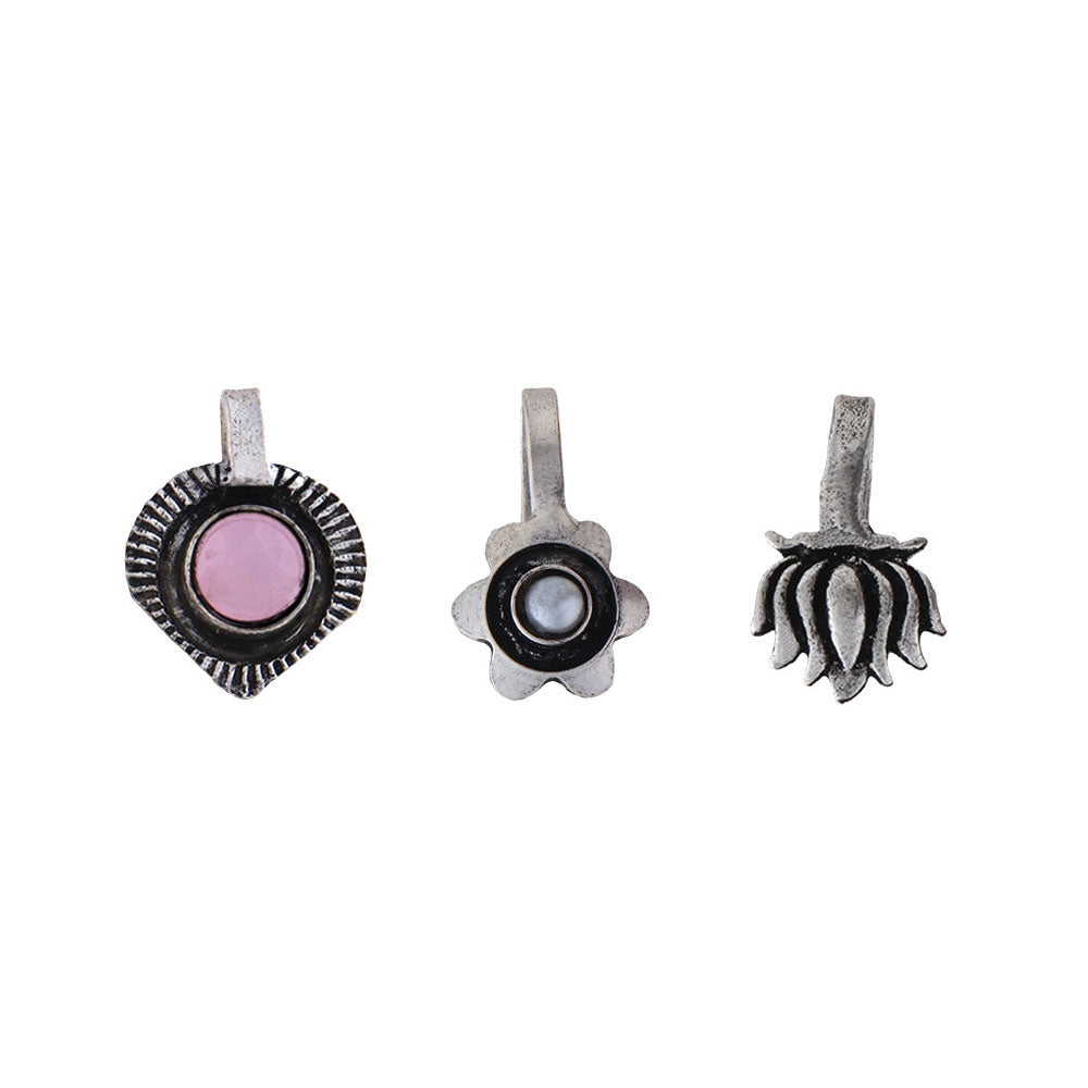 StylishKudi Women & Girls Oxidized Silver Tone Nose Pin And Nose Ring Combo Set