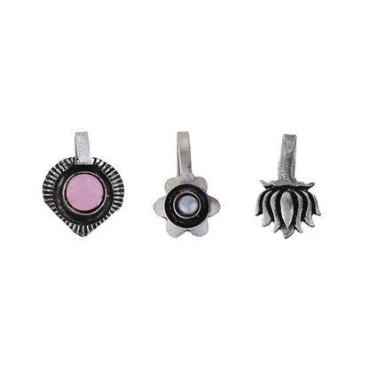 StylishKudi Women & Girls Oxidized Silver Tone Nose Pin And Nose Ring Combo Set