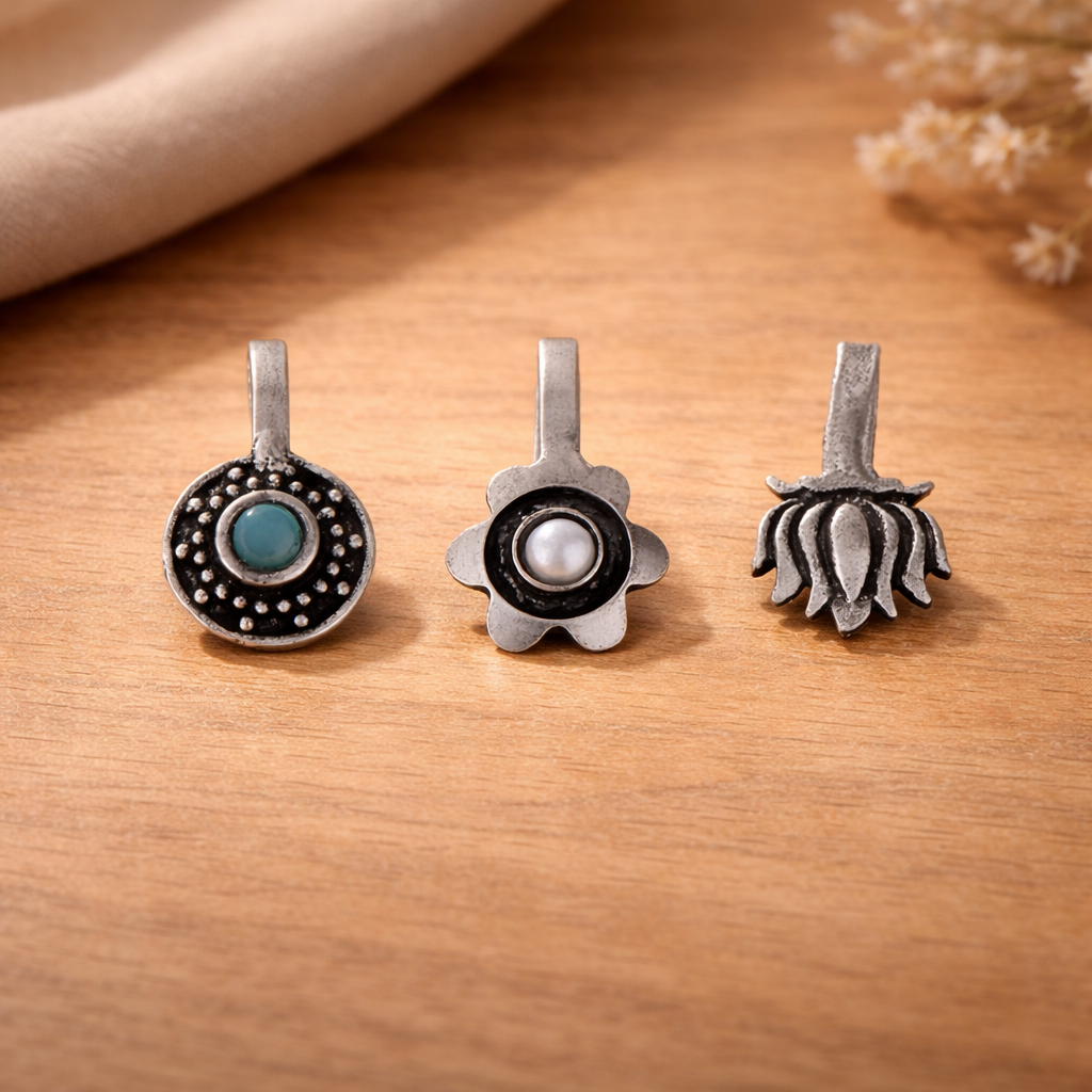 StylishKudi Women & Girls Oxidized Silver Tone Nose Pin And Nose Ring Combo Set