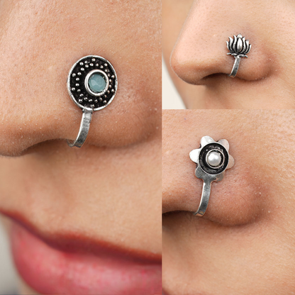 StylishKudi Women & Girls Oxidized Silver Tone Nose Pin And Nose Ring Combo Set