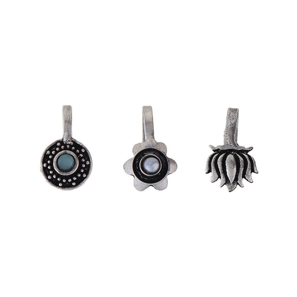 StylishKudi Women & Girls Oxidized Silver Tone Nose Pin And Nose Ring Combo Set