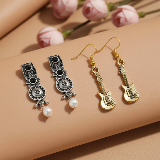 Wonderful wildflower oxidised stud earrings (Black)&Strum chic dangler earrings Combo set