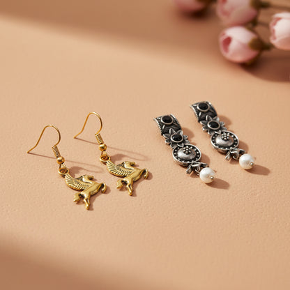 Wonderful wildflower oxidised stud earrings (Black)&Winged Glam dangler earrings Combo set
