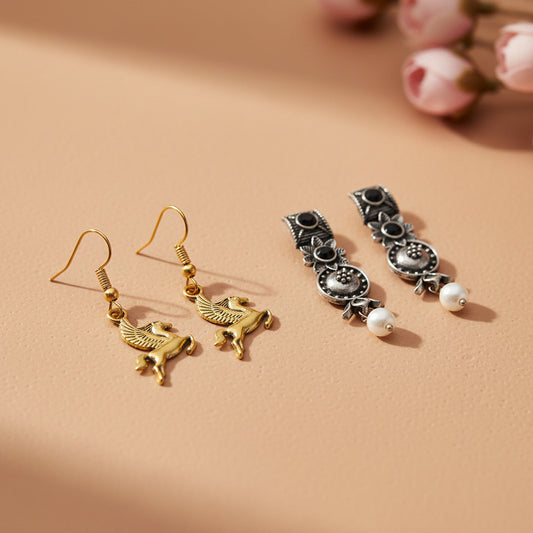 Wonderful wildflower oxidised stud earrings (Black)&Winged Glam dangler earrings Combo set