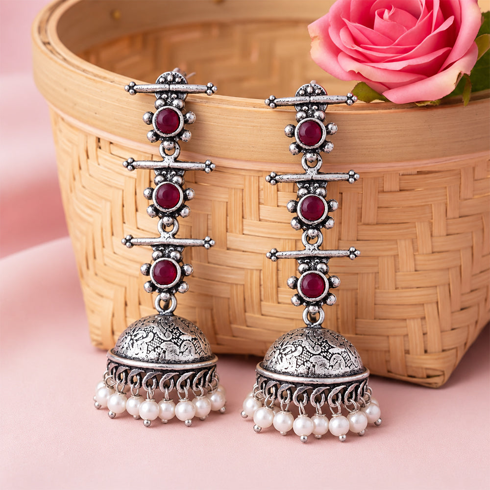 Charmbell Triple Bell Layered Jhumka Earring (Maroon)