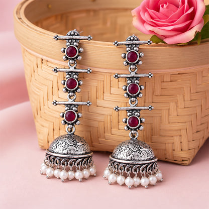 Charmbell Triple Bell Layered Jhumka Earring (Maroon)